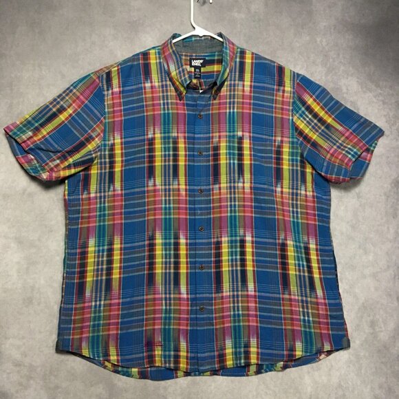 Lands End Men Button Up Front Shirt size XXL Short Sleeve Pocket Blue Pink Plaid - Picture 2 of 14